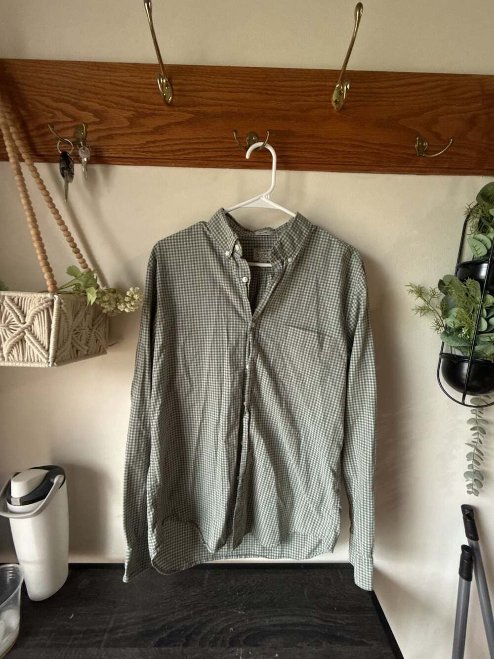 Vintage 🍁 J. Crew Fall Style Gingham Shirt Size M Green Stretch